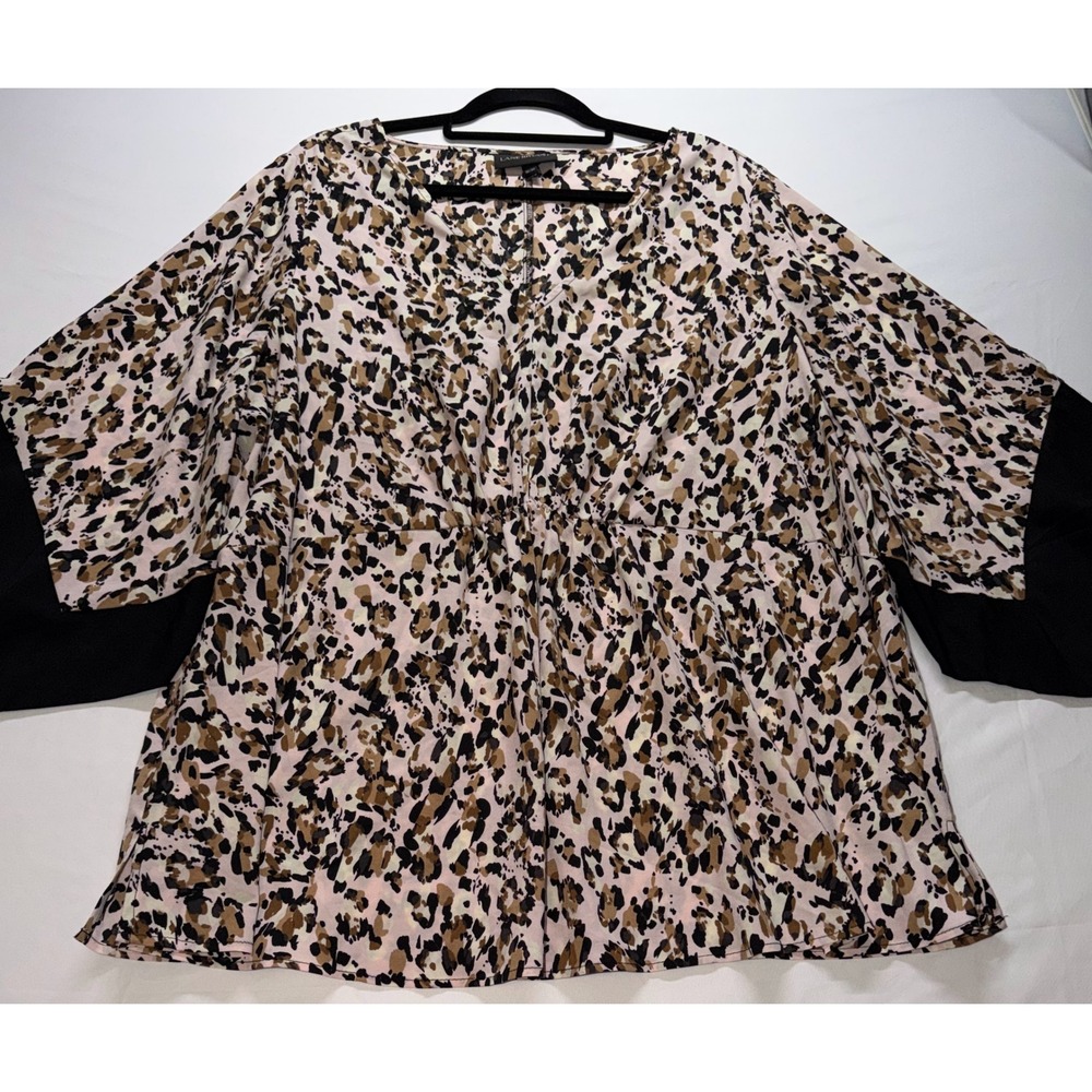 Lane Bryant Blouse Women 18/20 Pink Animal Print Bell Sleeve V-Neck Casual